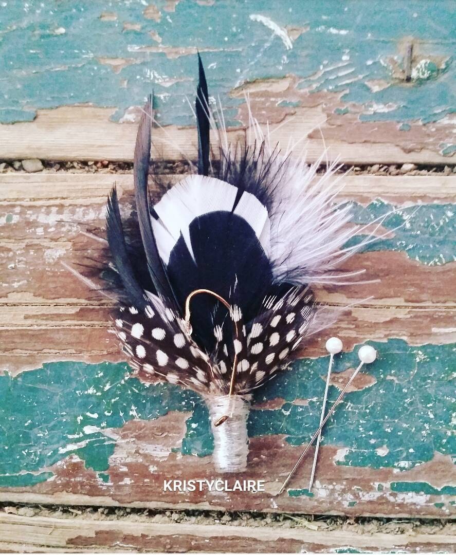 Fishing Boutonniere, White, Black, Feathers, Buttonhole, lapel, Pin-on