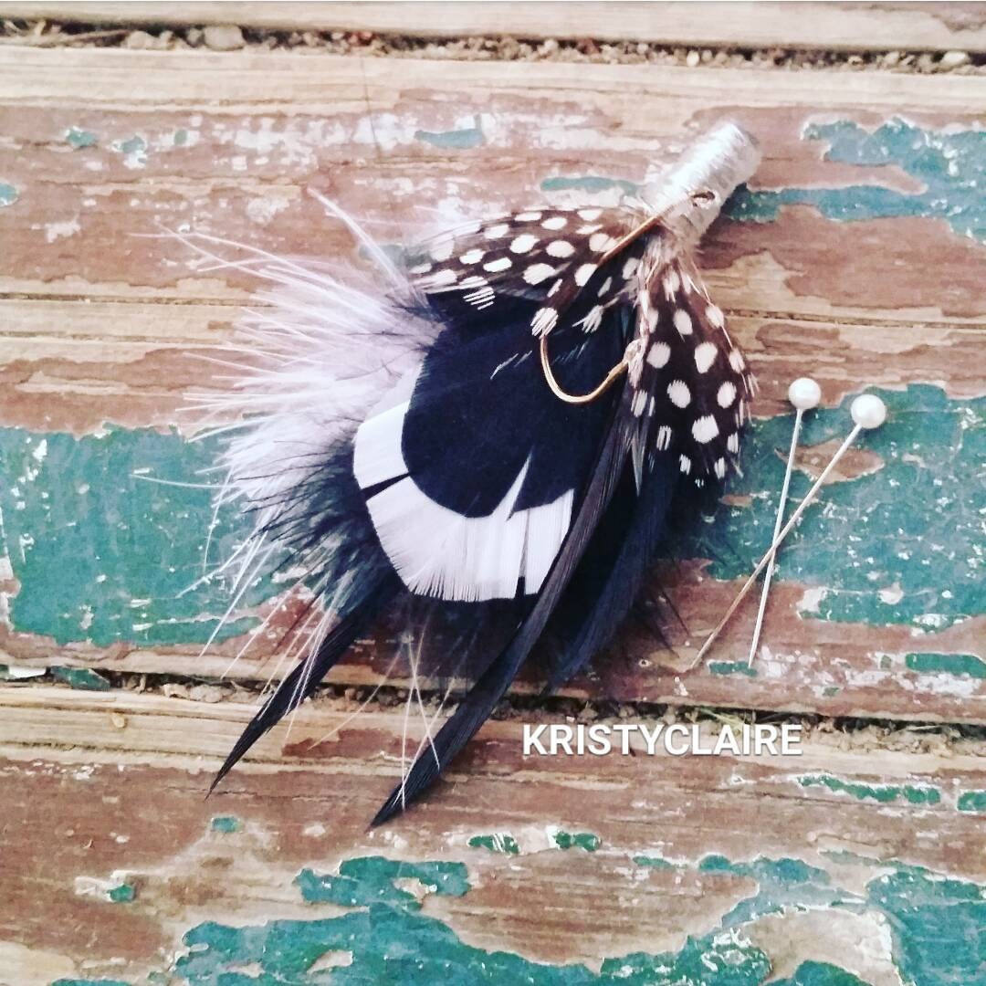 Fishing Boutonniere, White, Black, Feathers, Buttonhole, lapel, Pin-on