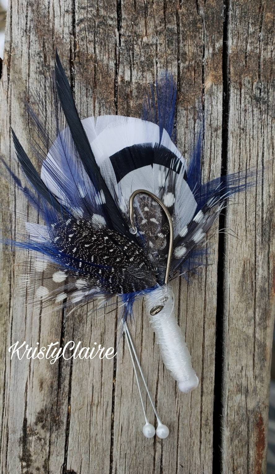 Navy Blue, Grey, White, Black, Fishing Boutonniere, Buttonhole, Lapel, Pin-on, Corsage
