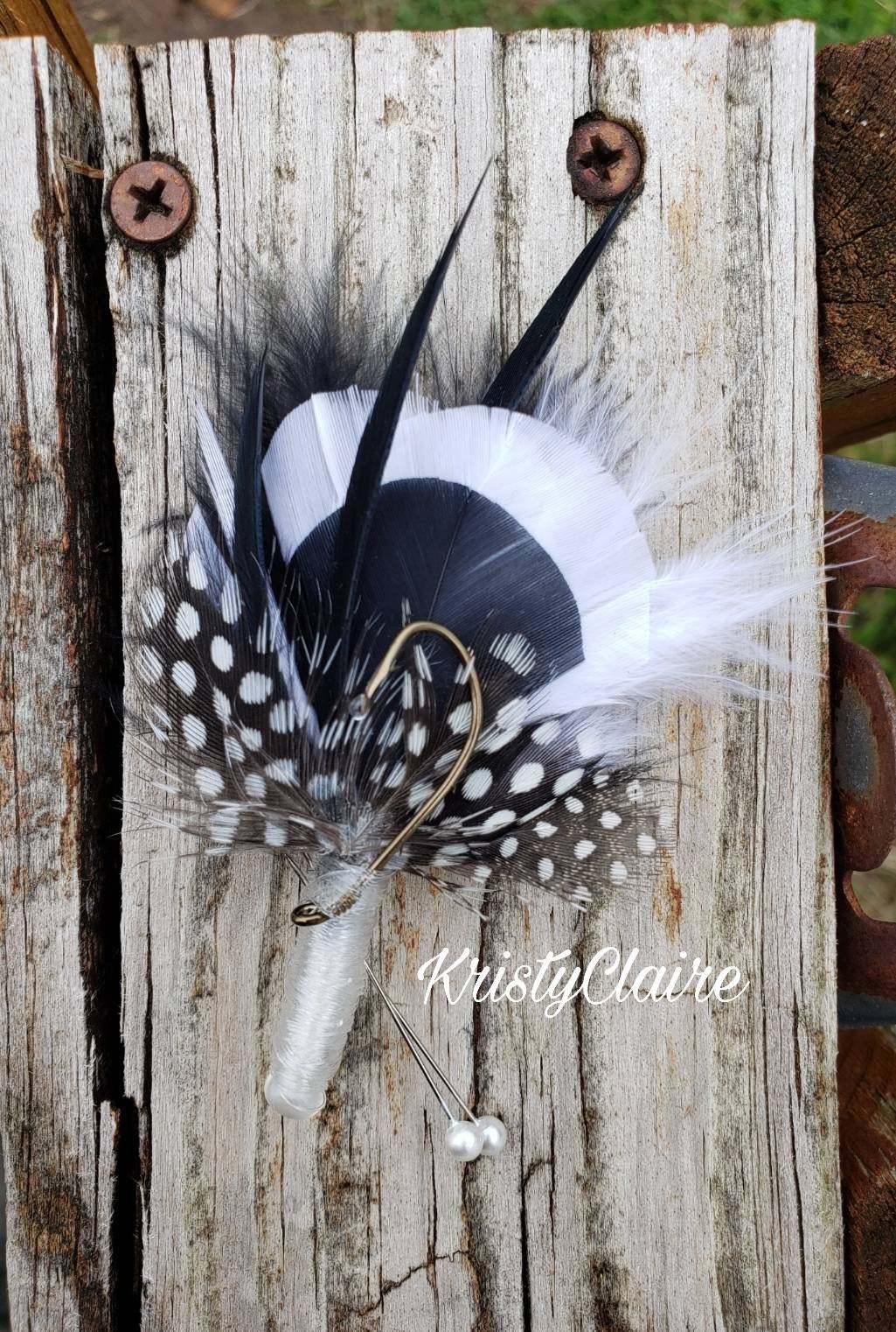 Fishing Boutonniere, White, Black, Feathers, Buttonhole, lapel, Pin-on