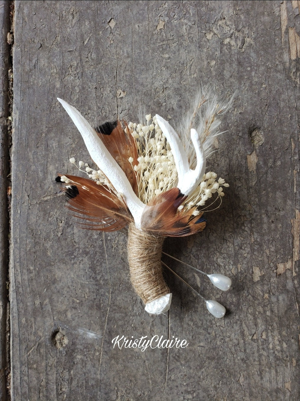 Antler Boutonniere W/ Dried Babysbreath, Pampas Grass & Pheasant Feathers, Buttonhole, Lapel, Twine, Faux, Resin, Pin-on, Corsage, Taxidermy