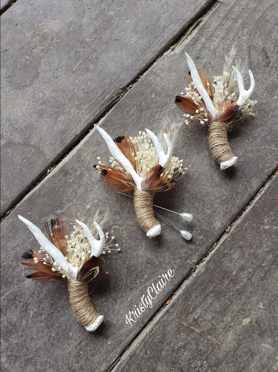 Antler Boutonniere W/ Dried Babysbreath, Pampas Grass & Pheasant Feathers, Buttonhole, Lapel, Twine, Faux, Resin, Pin-on, Corsage, Taxidermy