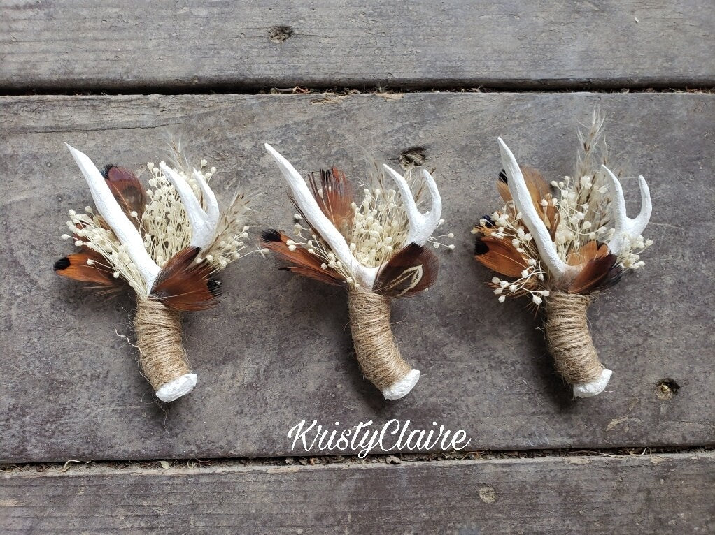 Antler Boutonniere W/ Dried Babysbreath, Pampas Grass & Pheasant Feathers, Buttonhole, Lapel, Twine, Faux, Resin, Pin-on, Corsage, Taxidermy