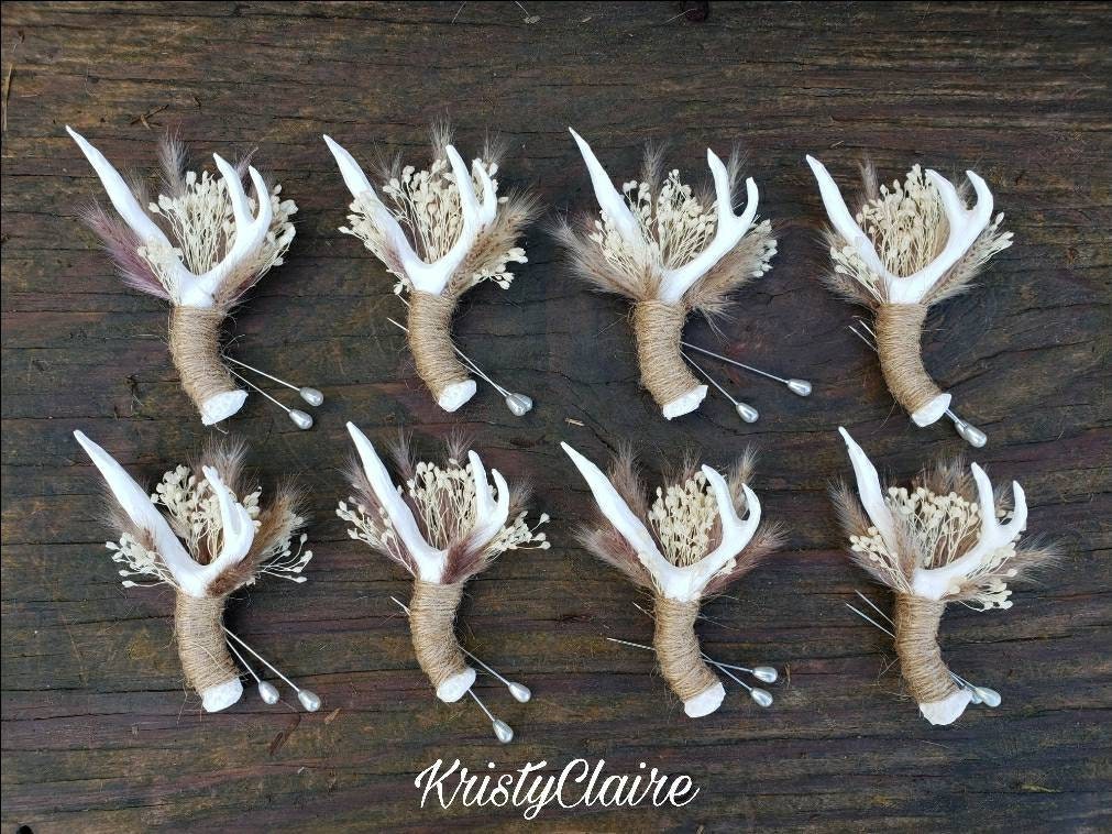 Antler Boutonniere W/ Dried Babysbreath and Pampas Grass, Buttonhole, Lapel, Twine, Faux, Resin, Pin-on, Corsage, Taxidermy