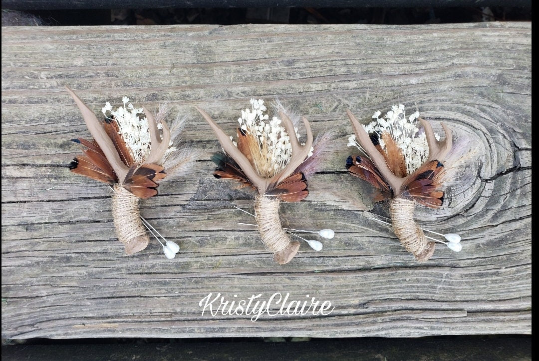 Beige Faux Mini Antler Boutonniere with Dried Babysbreath, Pampas Grass & Pheasant Feathers, Buttonhole, Lapel, Resin, Pin-on, Corsage, Taxidermy