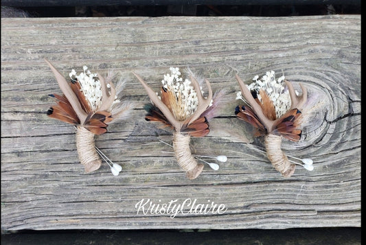Beige Faux Mini Antler Boutonniere with Dried Babysbreath, Pampas Grass & Pheasant Feathers, Buttonhole, Lapel, Resin, Pin-on, Corsage, Taxidermy