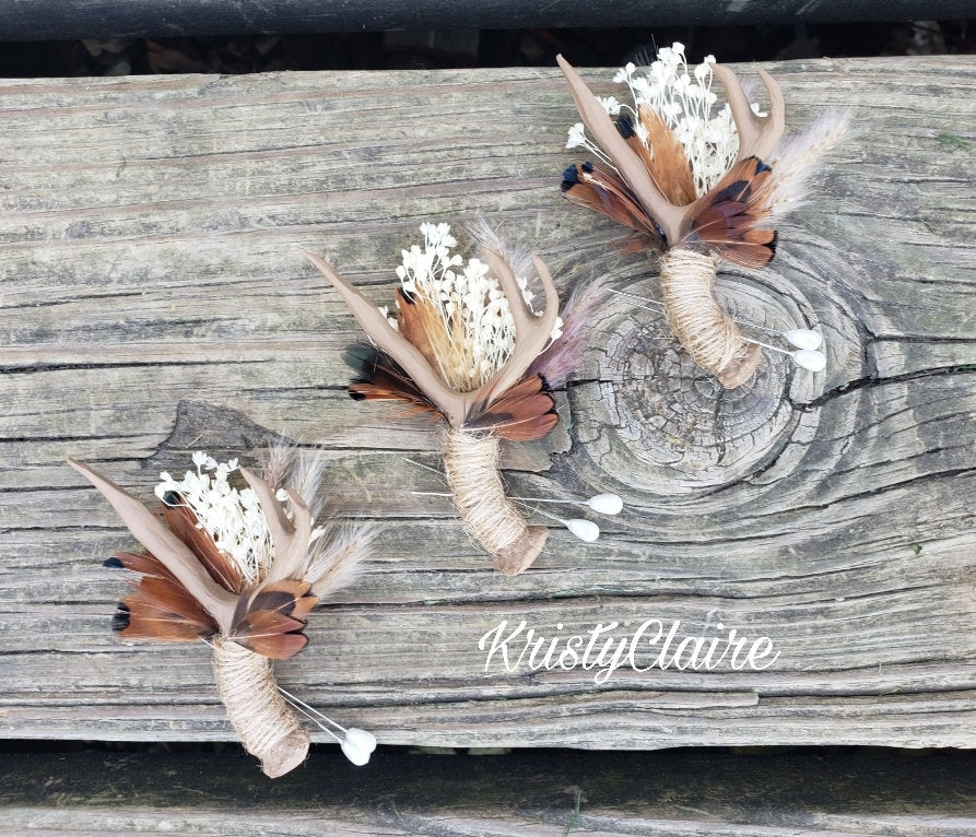 Beige Faux Mini Antler Boutonniere with Dried Babysbreath, Pampas Grass & Pheasant Feathers, Buttonhole, Lapel, Resin, Pin-on, Corsage, Taxidermy