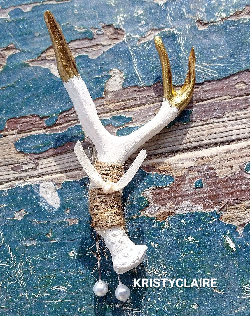 Antler Boutonniere, Gold Tipped, Faux, Resin,Twine Buttonhole, Lapel, Pin-on, Corsage, Mini Antler, Taxidermy