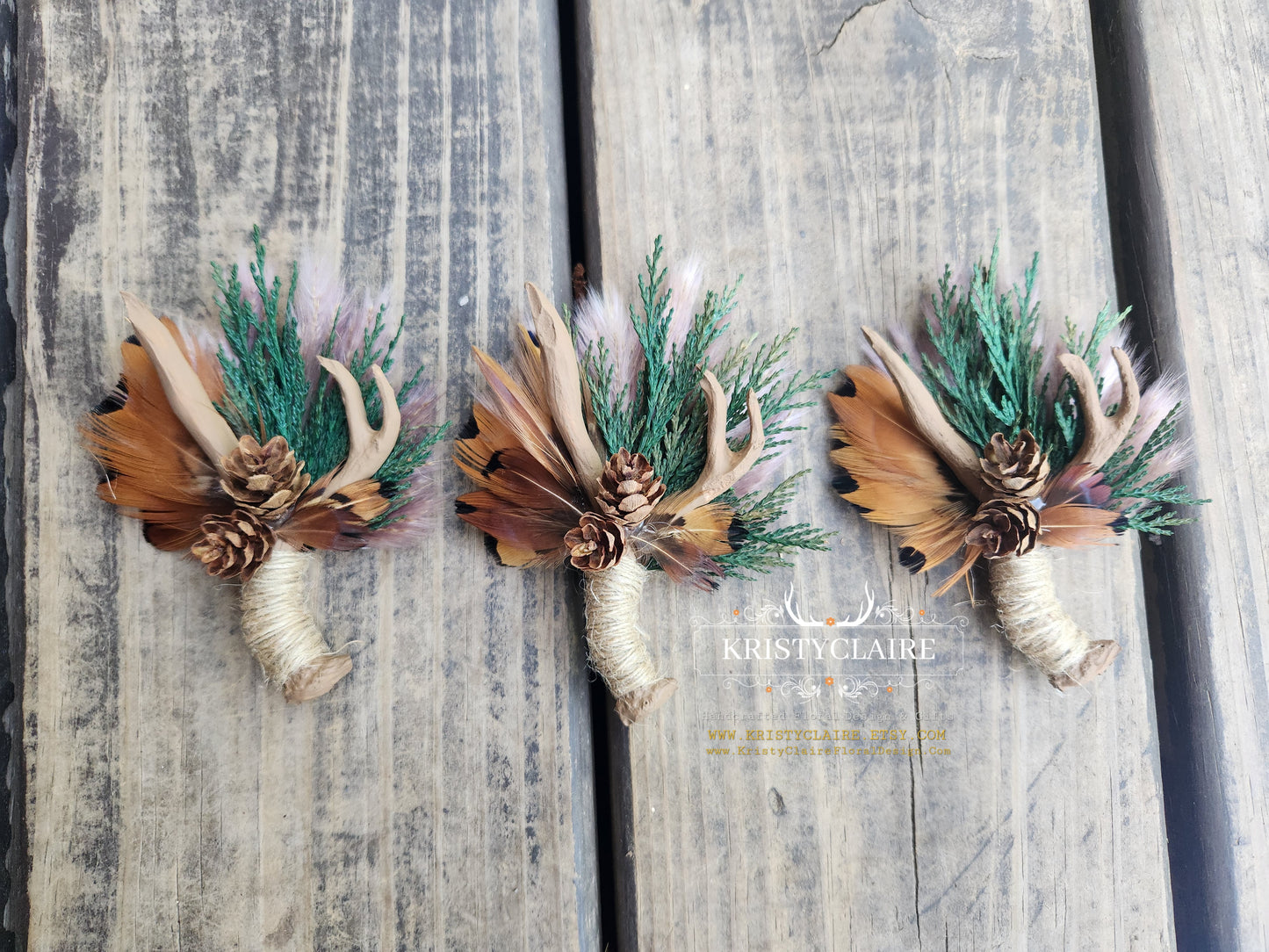Beige Antler Boutonniere with Preserved Cedar, Pampas Grass, Pheasant Feathers & PineCones, Buttonhole, Lapel, Twine, Faux, Resin, Taxidermy