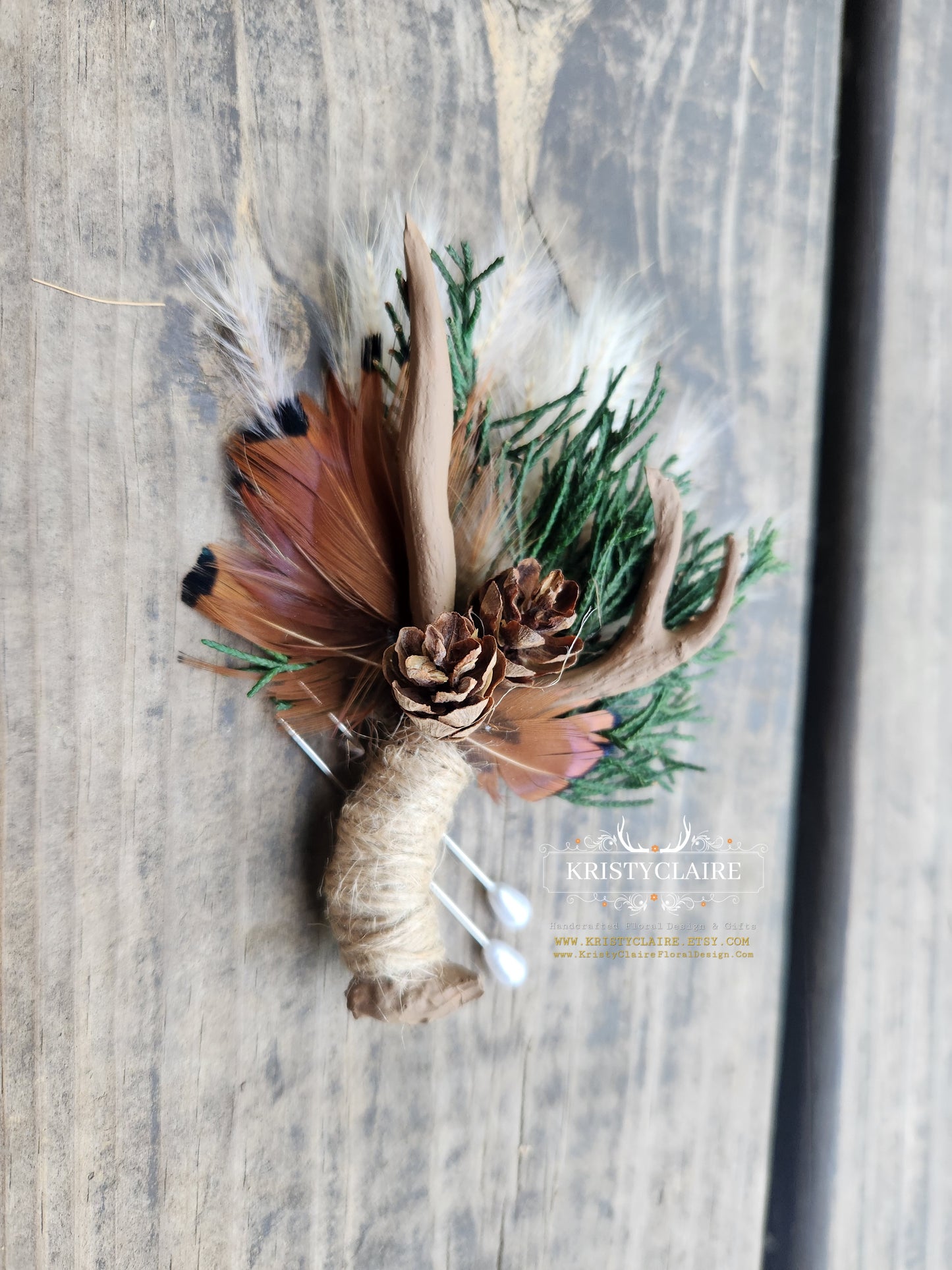 Beige Antler Boutonniere with Preserved Cedar, Pampas Grass, Pheasant Feathers & PineCones, Buttonhole, Lapel, Twine, Faux, Resin, Taxidermy