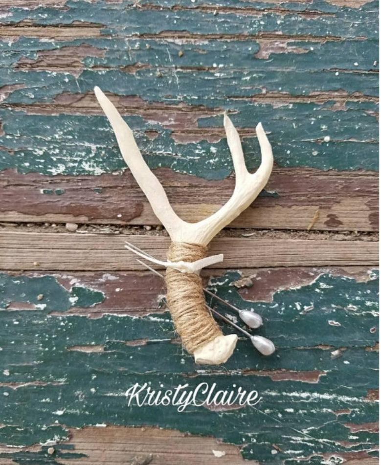 Antler Boutonniere, Buttonhole, Lapel, Twine, Faux, Resin, pin-on, Corsage, Mini Antler, Taxidermy