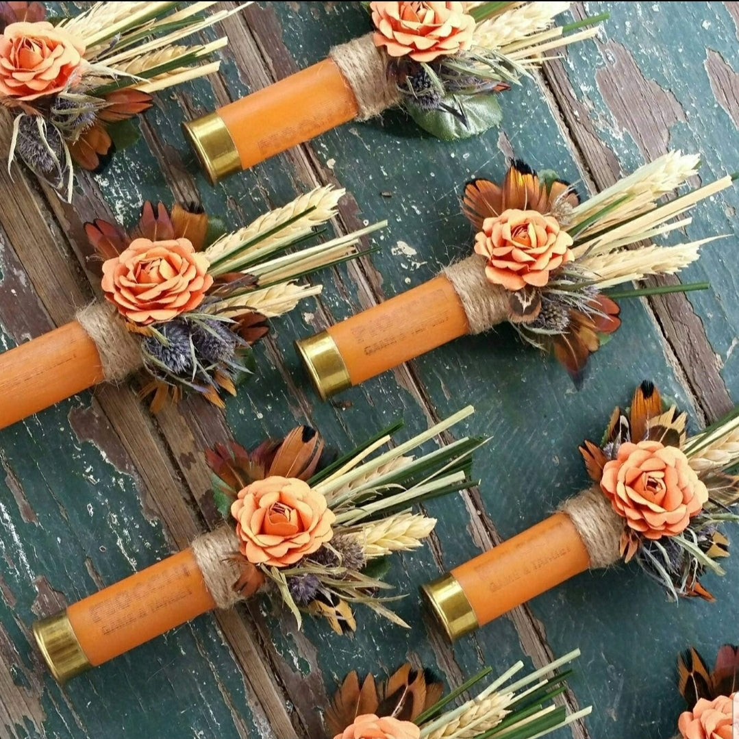 Orange Shotgun Shell Boutonniere, Lapel, Pin-on, Corsage, Buttonhole, Wedding, Gift, Groom, Groomsmen, Empty and Clean Hull with Dried Wheat, Grass, Thistle and Pheasant Feathers. Completed with a Orange Paper Flower 