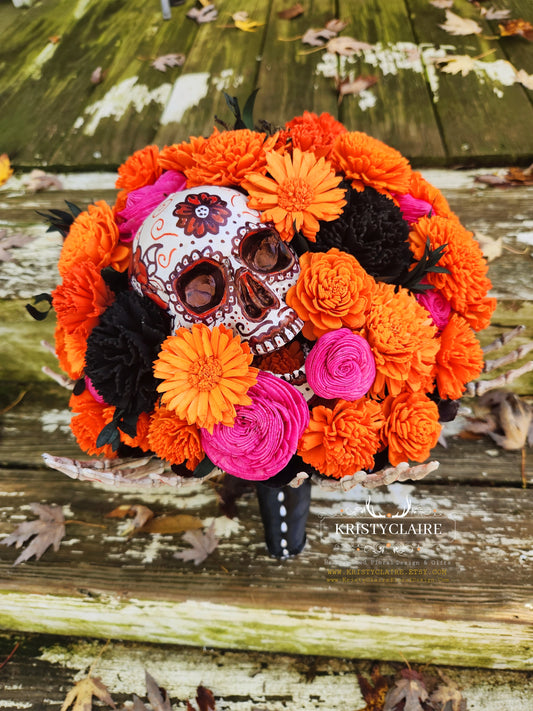 Día de los Muertos, Day of the Dead, Inspired Sola Wood Flower Bouquet, Dried Greenery, Preserved, Orange & Pink