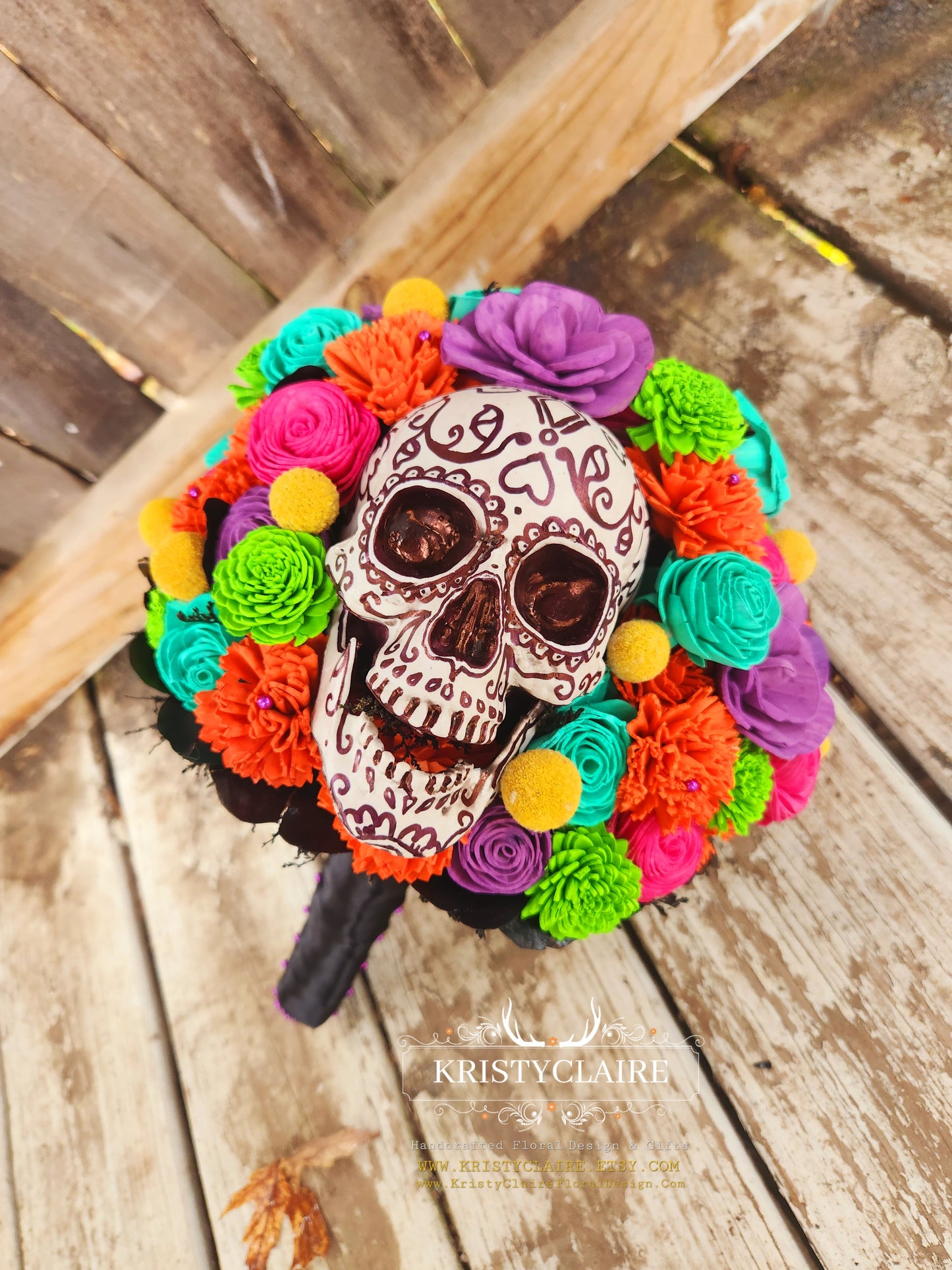 Día de los Muertos, Day of the Dead, Inspired Sola Wood Flower Bouquet, Dried Greenery, Preserved, Colorful