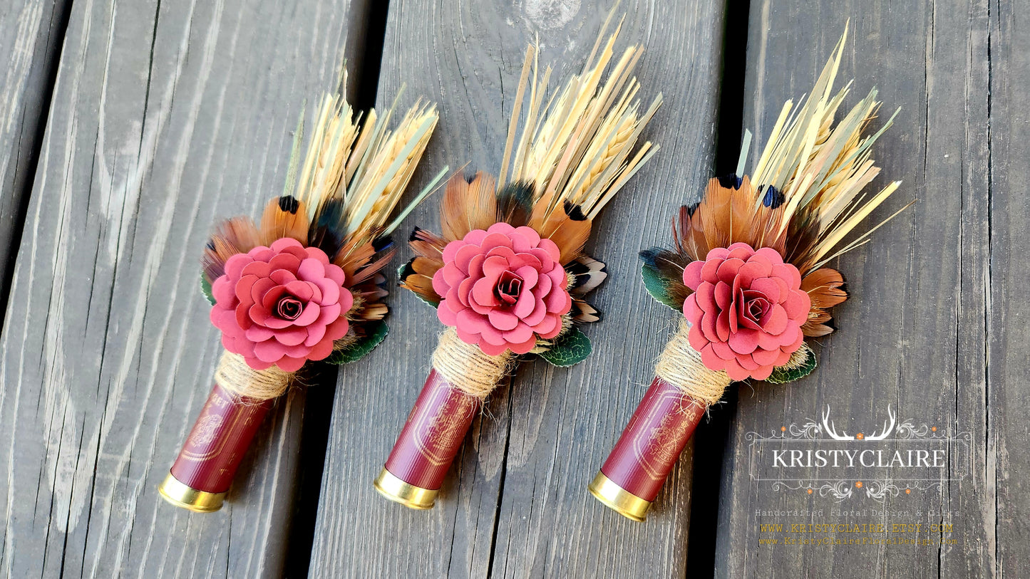 Burgundy Shotgun Shell Boutonniere, Burgundy Paper Flower, lapel, buttonhole, pin-on, corsage, Dried Wheat, Grass, Thistle, Pheasant Feathers