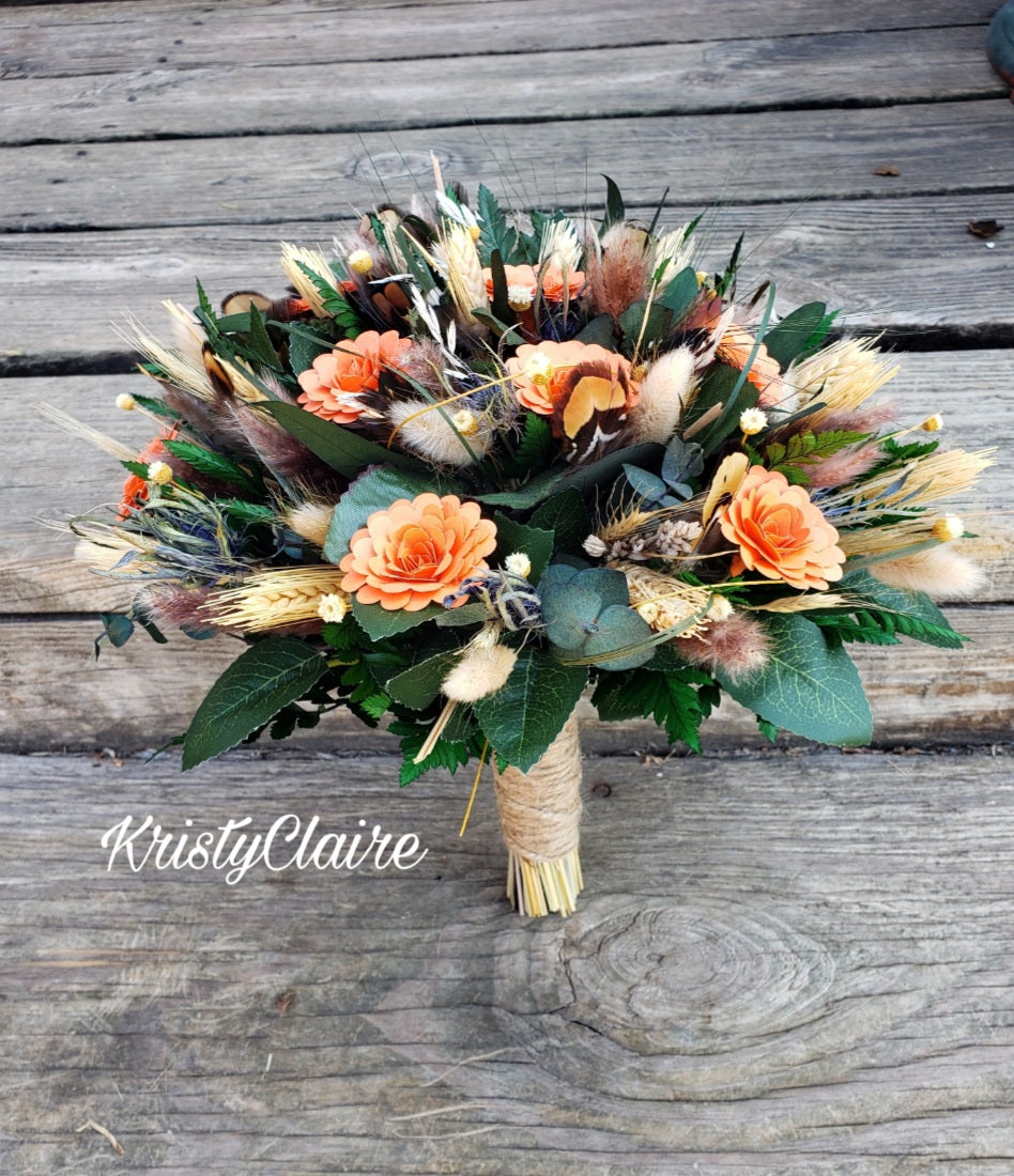 Orange Paper Flower Bridal Bouquet, Wildflower, Dried, Preserved, Rustic, Country, Outdoorsy, Barn, Fishing, Wedding Bouquet