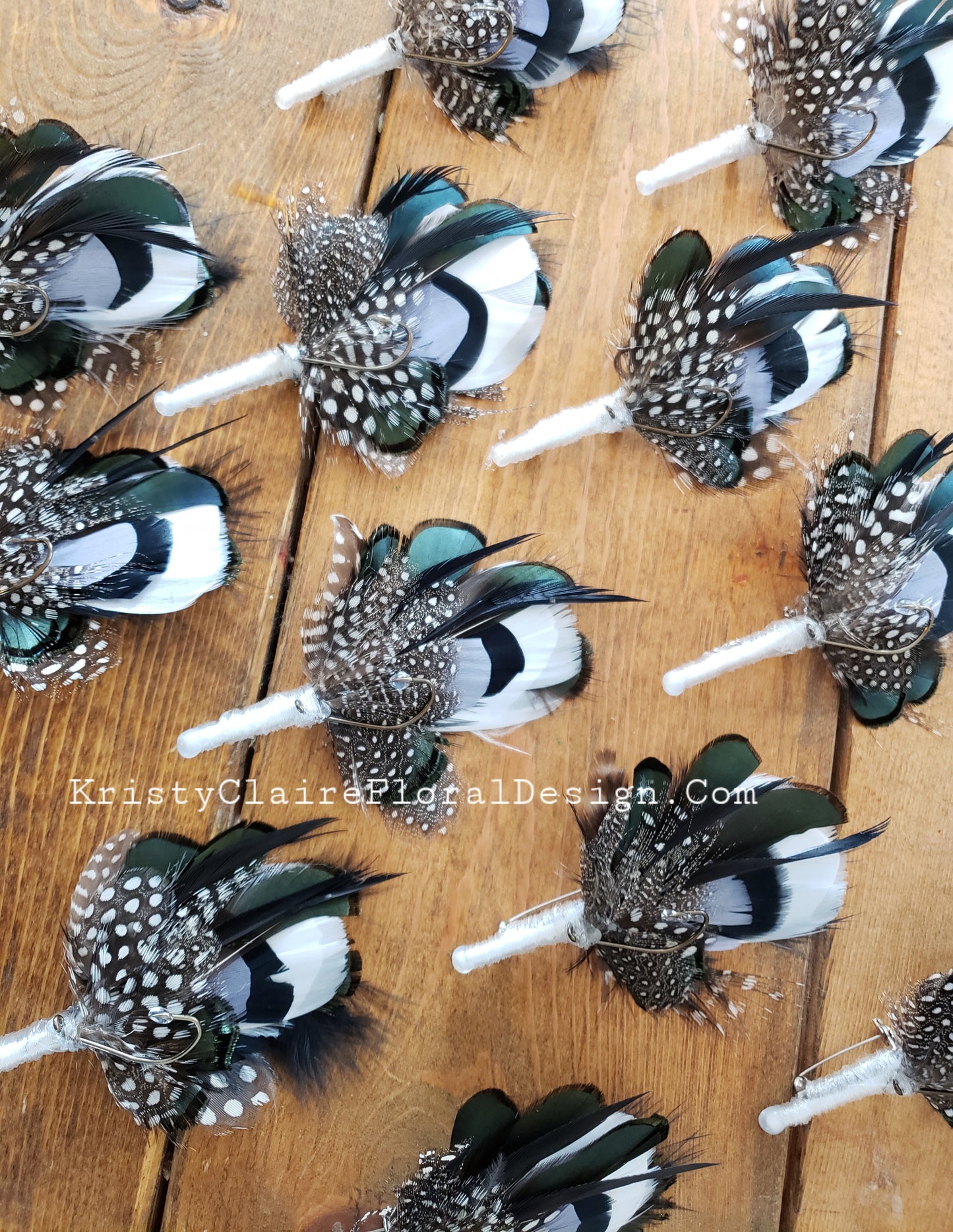 Hunter Green, Fishing Boutonniere, White, Black, Gray, Green, Emerald, Feathers, Buttonhole, lapel, Pin-on, Corsage, Prom, Wedding, Event