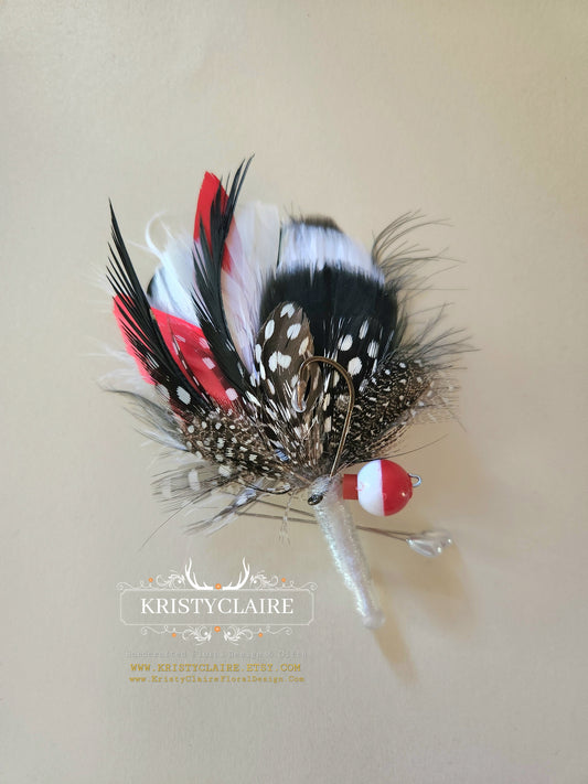 Fishing Boutonniere, Red, White, Black, Feathers