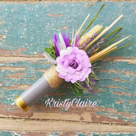 Lavender, Purple, Grey Shotgun Shell Boutonniere With Lavender Paper Flower, lapel, buttonhole, pin-on, corsage, Wheat, Thistle, Lavender, Feathers