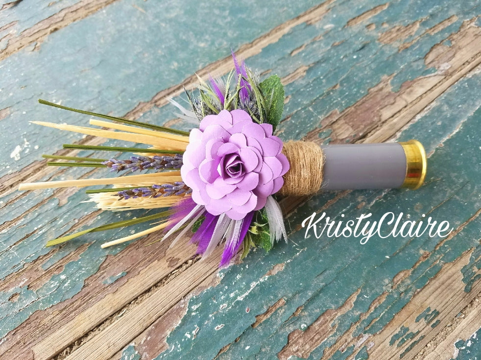 Lavender, Purple, Grey Shotgun Shell Boutonniere With Lavender Paper Flower, lapel, buttonhole, pin-on, corsage, Wheat, Thistle, Lavender, Feathers