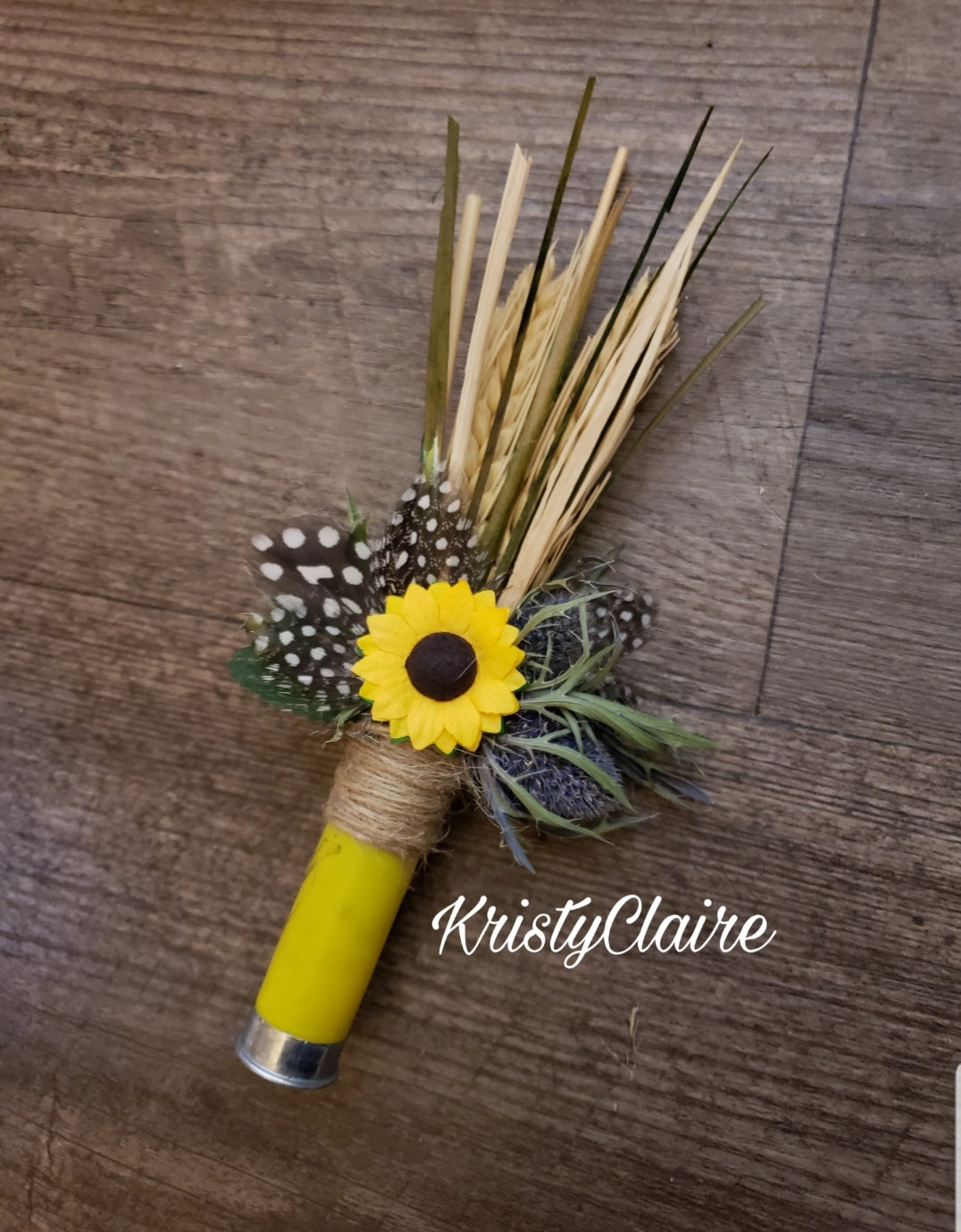 Sunflower Yellow Shotgun Shell Boutonniere, lapel, buttonhole, pin-on, corsage, Dried Wheat, Grass, Thistle, Feathers