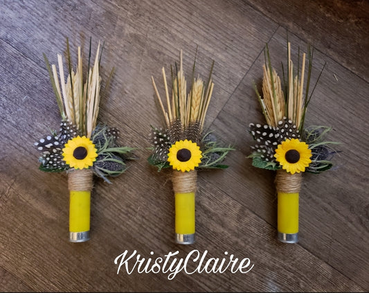 Sunflower Yellow Shotgun Shell Boutonniere, lapel, buttonhole, pin-on, corsage, Dried Wheat, Grass, Thistle, Feathers