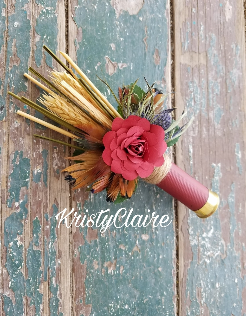 Burgundy Shotgun Shell Boutonniere, Burgundy Paper Flower, lapel, buttonhole, pin-on, corsage, Dried Wheat, Grass, Thistle, Pheasant Feathers
