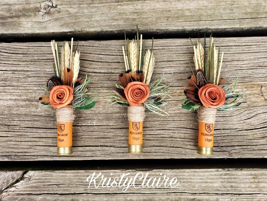 Orange Shotgun Shell Boutonniere With Foam Rose, lapel, buttonhole, pin-on, corsage, Dried Wheat, Grass, Thistle, Pheasant Feathers