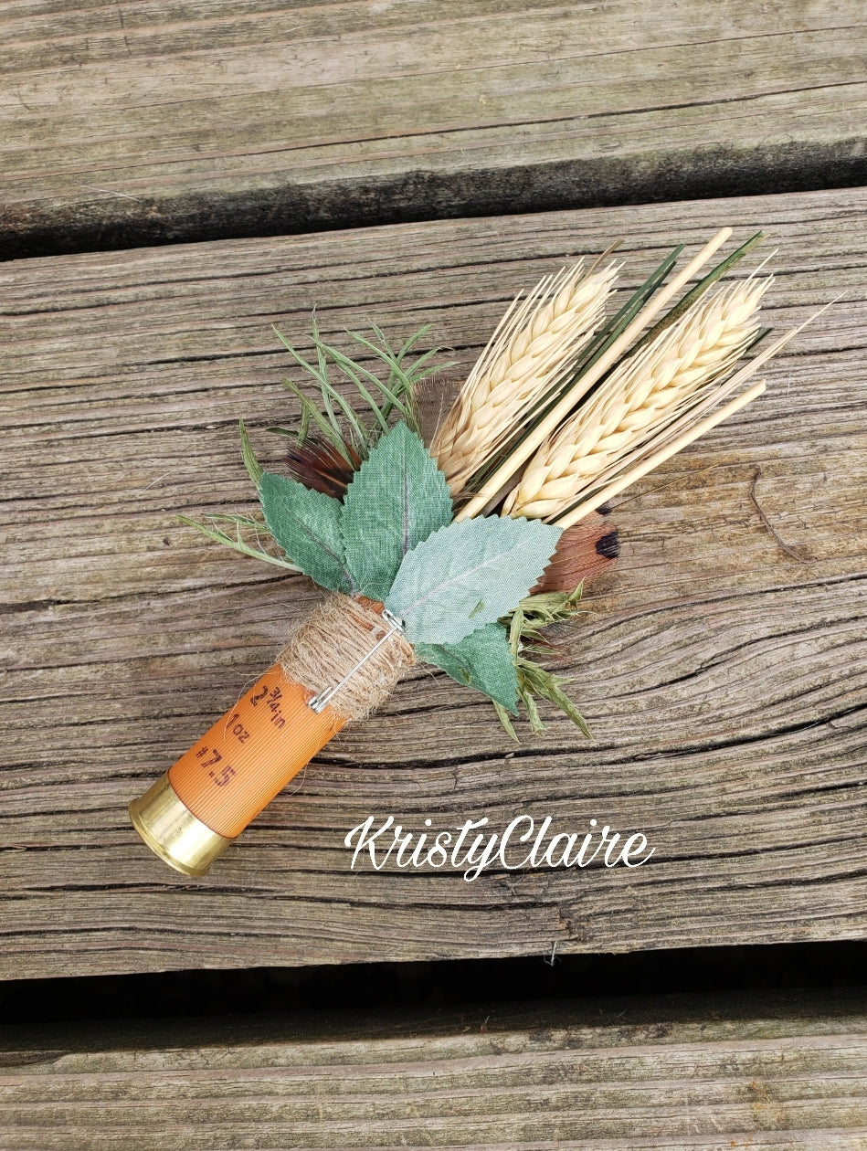 Orange Shotgun Shell Boutonniere With Foam Rose, lapel, buttonhole, pin-on, corsage, Dried Wheat, Grass, Thistle,  Pheasant Feathers