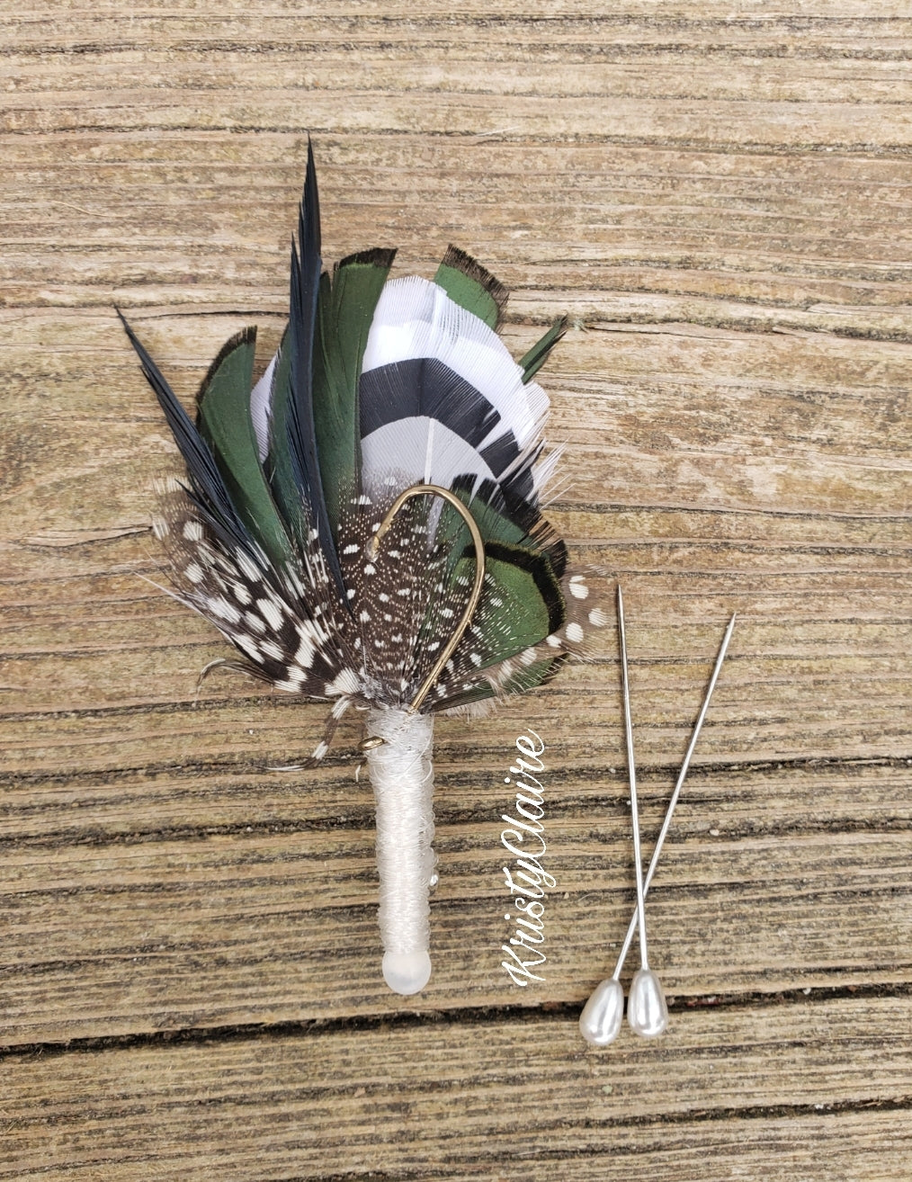 Hunter Green, Fishing Boutonniere, White, Black, Gray, Green, Emerald, Feathers, Buttonhole, lapel, Pin-on, Corsage, Prom, Wedding, Event