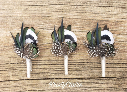 Hunter Green, Fishing Boutonniere, White, Black, Gray, Green, Emerald, Feathers, Buttonhole, lapel, Pin-on, Corsage, Prom, Wedding, Event