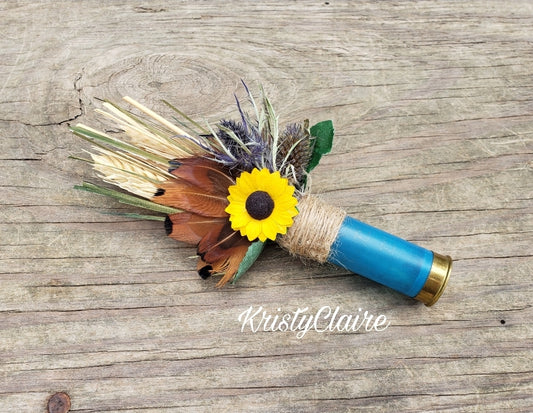 Turquoise Blue Shotgun Shell Boutonniere With Sunflower, lapel, buttonhole, pin-on, corsage, Dried Wheat, Grass, Thistle, Pheasant Feathers