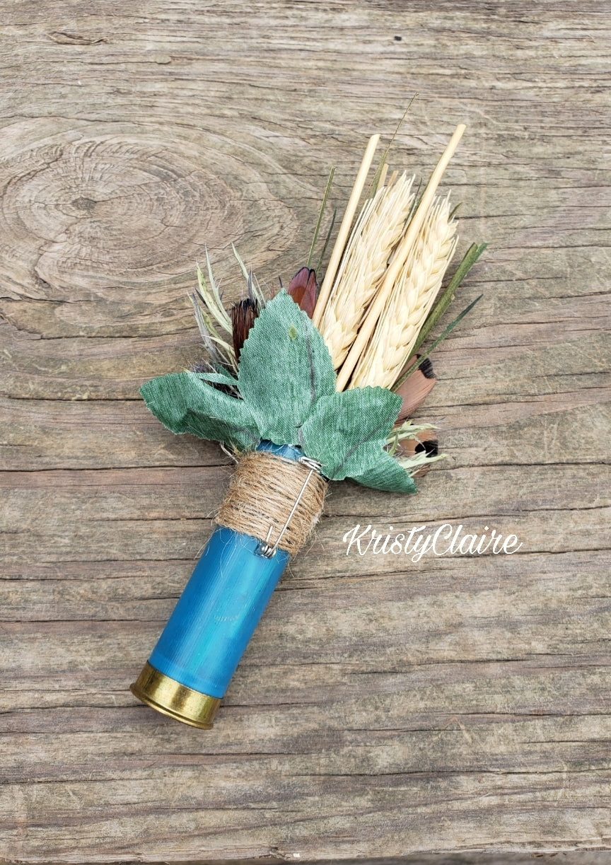 Turquoise Blue Shotgun Shell Boutonniere With Sunflower, lapel, buttonhole, pin-on, corsage, Dried Wheat, Grass, Thistle, Pheasant Feathers