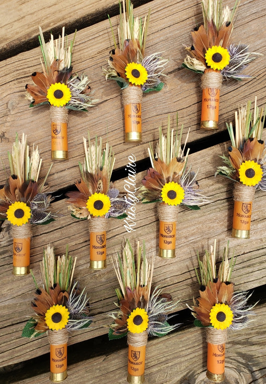 Orange Sunflower Shotgun Shell Boutonniere, lapel, buttonhole, pin-on, corsage, Dried Wheat, Grass, Thistle, Pheasant Feathers