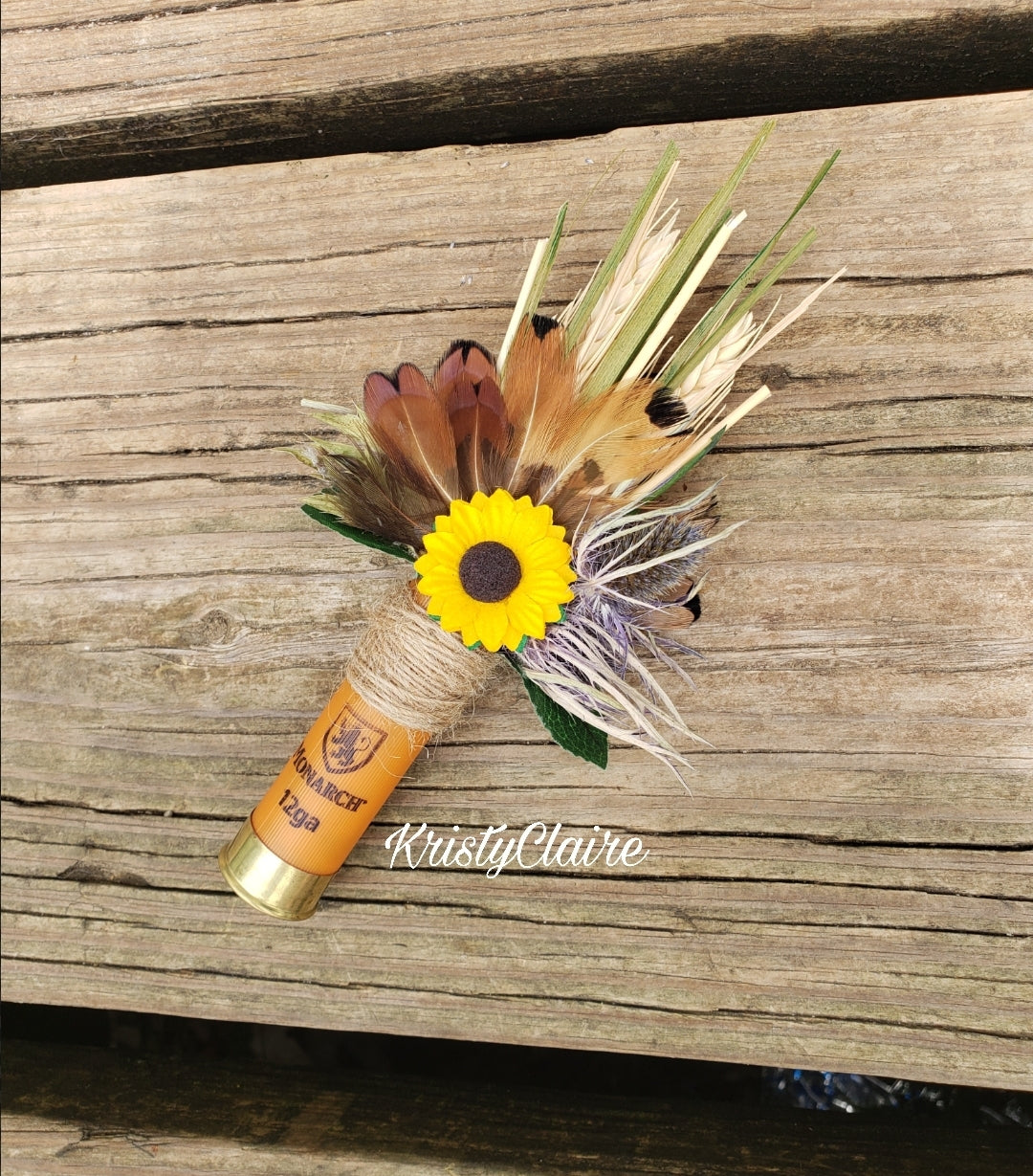 Orange Sunflower Shotgun Shell Boutonniere, lapel, buttonhole, pin-on, corsage, Dried Wheat, Grass, Thistle, Pheasant Feathers