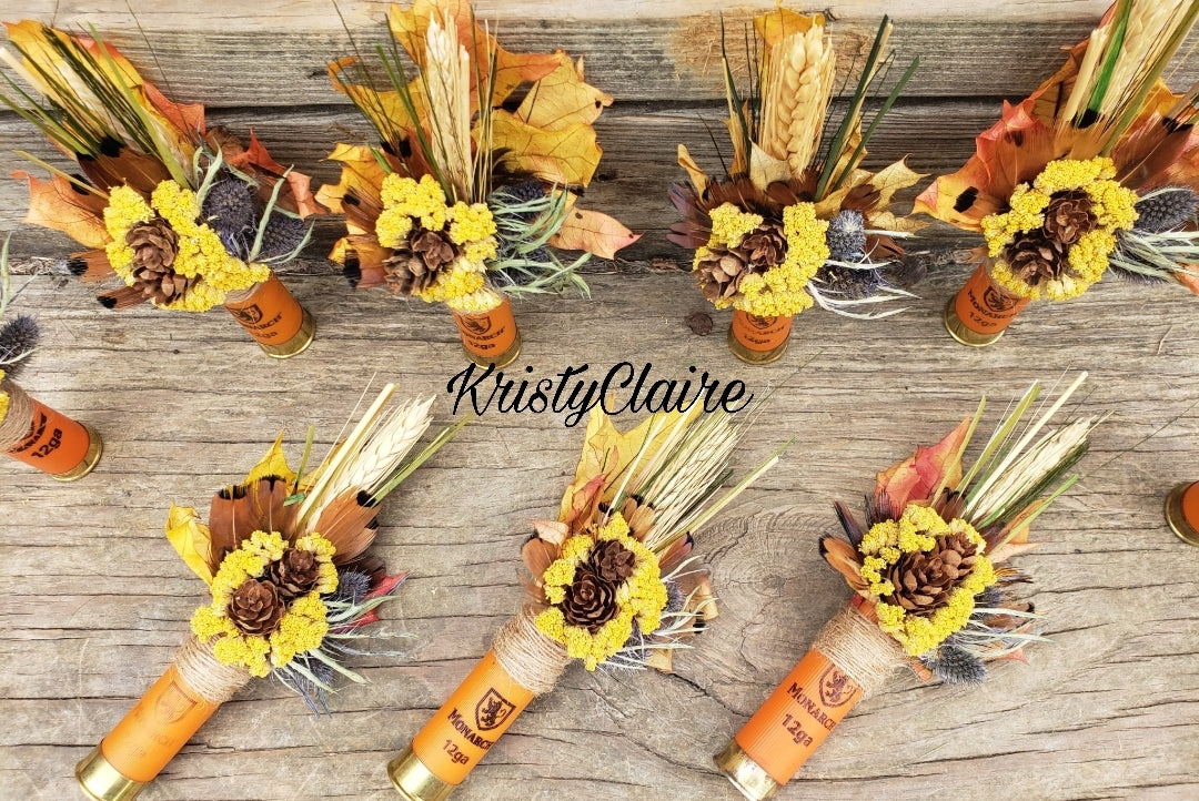 Fall Wheat, Pine Cone, Autumn Leaf, Orange Shotgun Shell Boutonniere, lapel, buttonhole, pin-on, corsage, Dried Wheat, Pheasant Feathers, Pine Cones