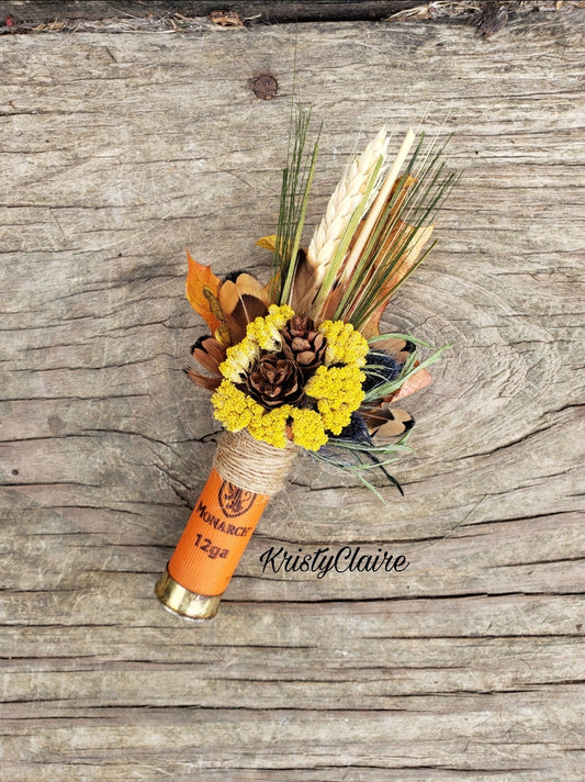 Fall Wheat, Pine Cone, Autumn Leaf, Orange Shotgun Shell Boutonniere, lapel, buttonhole, pin-on, corsage, Dried Wheat, Pheasant Feathers, Pine Cones