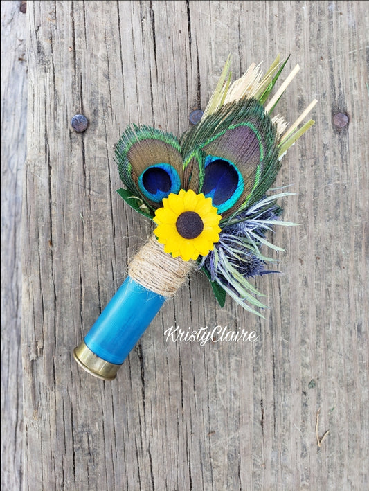 Peacock, Sunflower, Teal Shotgun Shell Boutonniere, Lapel, Pin-on, Buttonhole, Corsage, Turquoise, Dried Wheat, Grass, Thistle, Peacock Feathers