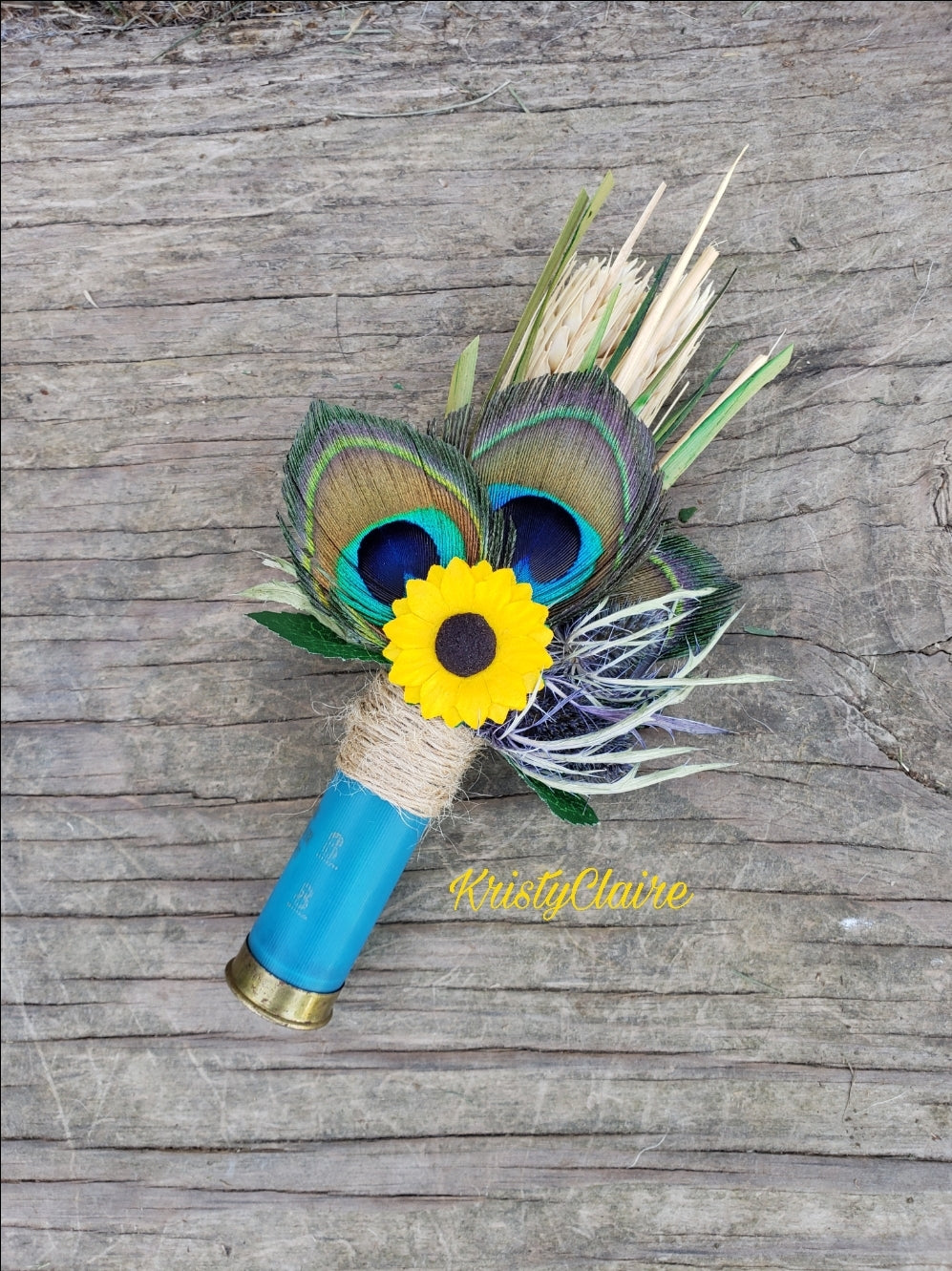 Peacock, Sunflower, Teal Shotgun Shell Boutonniere, Lapel, Pin-on, Buttonhole, Corsage, Turquoise, Dried Wheat, Grass, Thistle,  Peacock Feathers