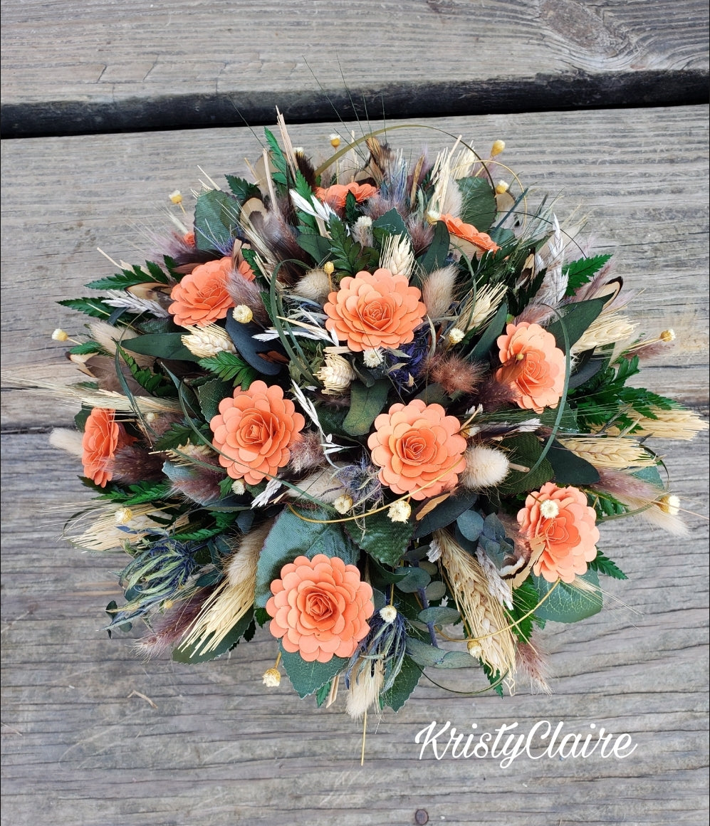 Orange Paper Flower Bridal Bouquet, Wildflower, Dried, Preserved, Rustic, Country, Outdoorsy, Barn, Fishing, Wedding Bouquet