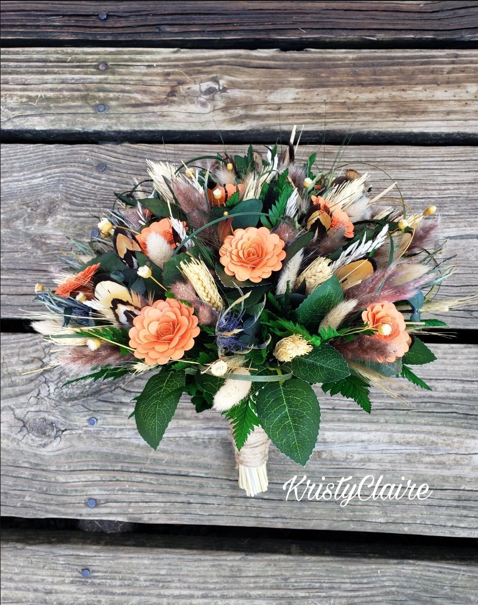 Orange Paper Flower Bridal Bouquet, Wildflower, Dried, Preserved, Rustic, Country, Outdoorsy, Barn, Fishing, Wedding Bouquet