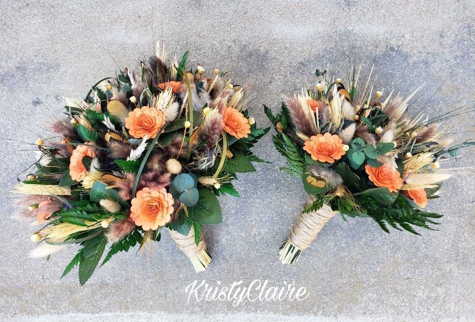 Orange Paper Flower Bridal Bouquet, Wildflower, Dried, Preserved, Rustic, Country, Outdoorsy, Barn, Fishing, Wedding Bouquet