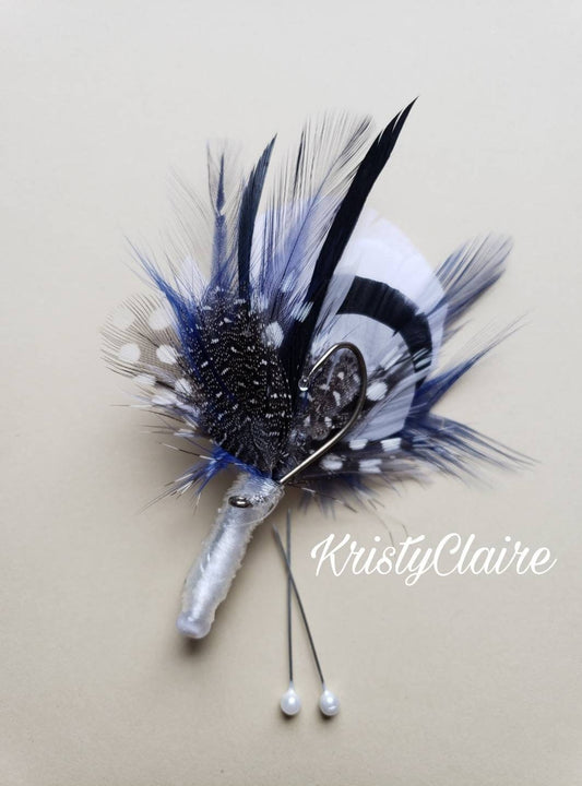 Navy Blue, Grey, White, Black, Fishing Boutonniere, Buttonhole, Lapel, Pin-on, Corsage