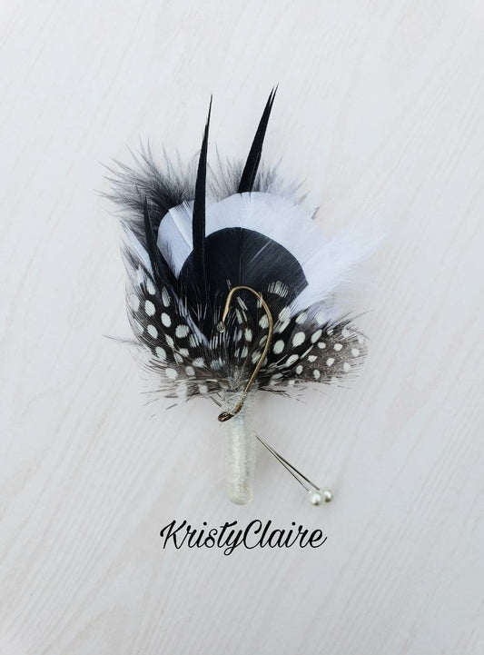 Fishing Boutonniere, White, Black, Feathers, Buttonhole, lapel, Pin-on