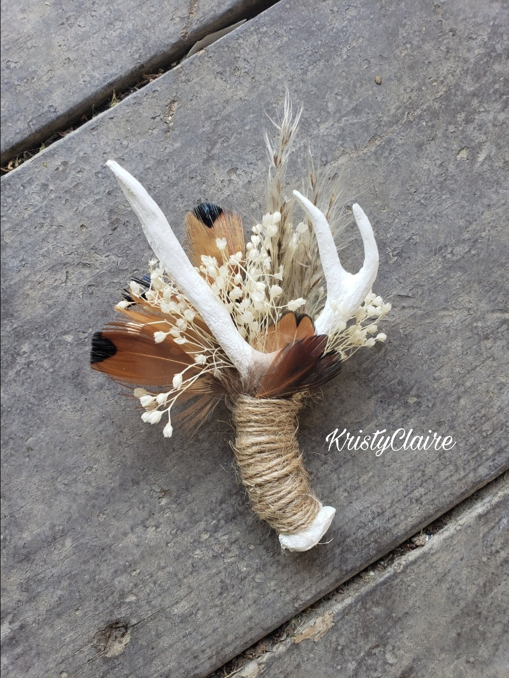 Antler Boutonniere W/ Dried Babysbreath, Pampas Grass & Pheasant Feathers, Buttonhole, Lapel, Twine, Faux, Resin, Pin-on, Corsage, Taxidermy