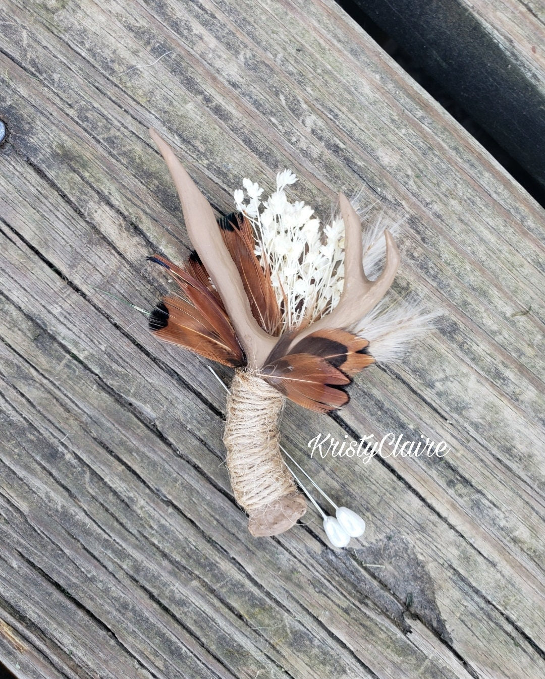 Beige Faux Mini Antler Boutonniere with Dried Babysbreath, Pampas Grass & Pheasant Feathers, Buttonhole, Lapel, Resin, Pin-on, Corsage, Taxidermy